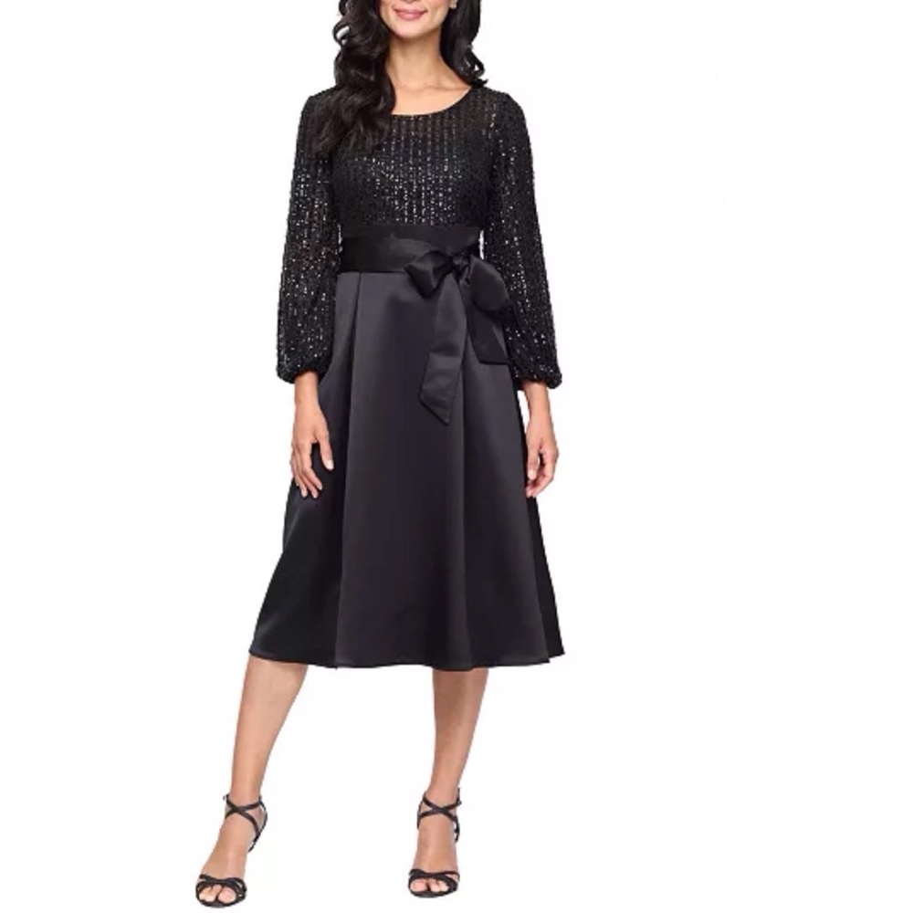 Alex Evenings Black Midi Long Sleeve Cocktail Dress Sequin And Satin Size 16